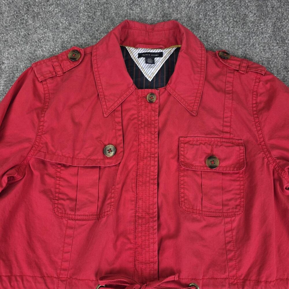 Tommy Hilfiger Coat Womens Large Red Utility Full Zip Trench Coat Pockets Jacket - Picture 9 of 16